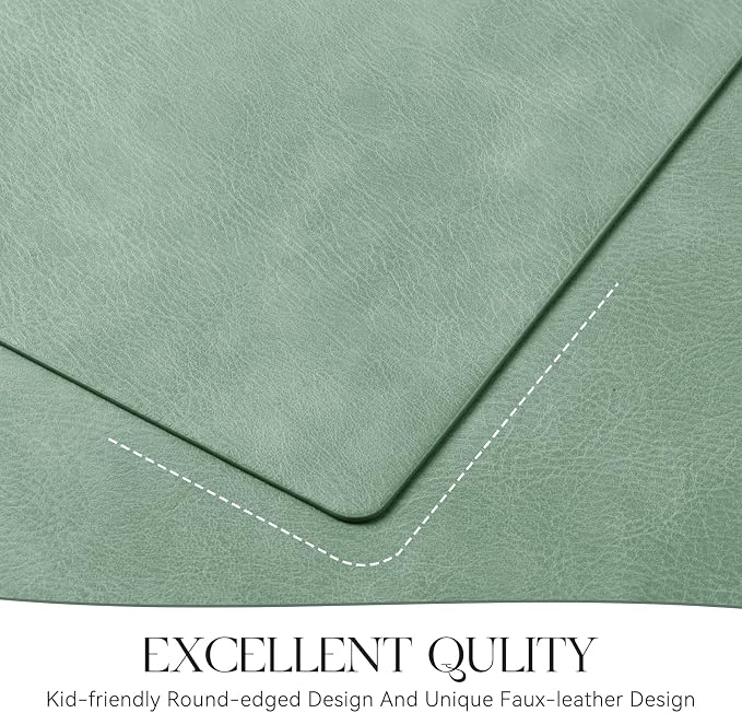 MOSAYT Vinyl Placemats Set of 4-12 X 17 Inch - Faux Leather 100% Waterproof Oil-Proof Wipeable PU Place Mats, Heat Resistant Reversible Table Mats for Kitchen, Dining, Outdoor, Green
