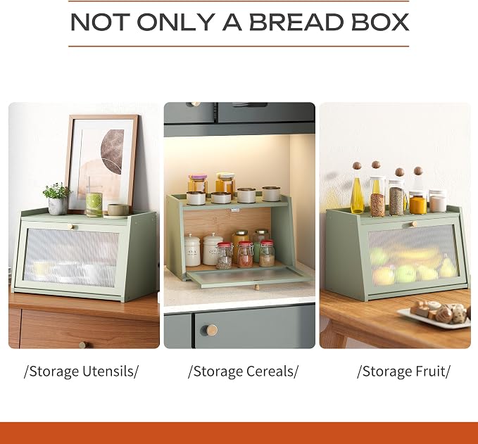 GHWIE Large Bread Box, Easy Access & Cleaning - Bamboo Bread Box for Kitchen Countertop with Acrylic Door (Green, Medium)