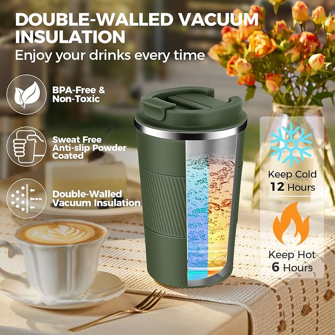 Volhoply 13 oz Stainless Steel Insulated Travel Coffee Mug with Fip Lid Bulk 2 Pack,Reusable Double Wall Vacuum Metal Coffee Cup,Portable Leak Proof Thermal Tumbler for Hot & Cold Drinks(Army Green,2)