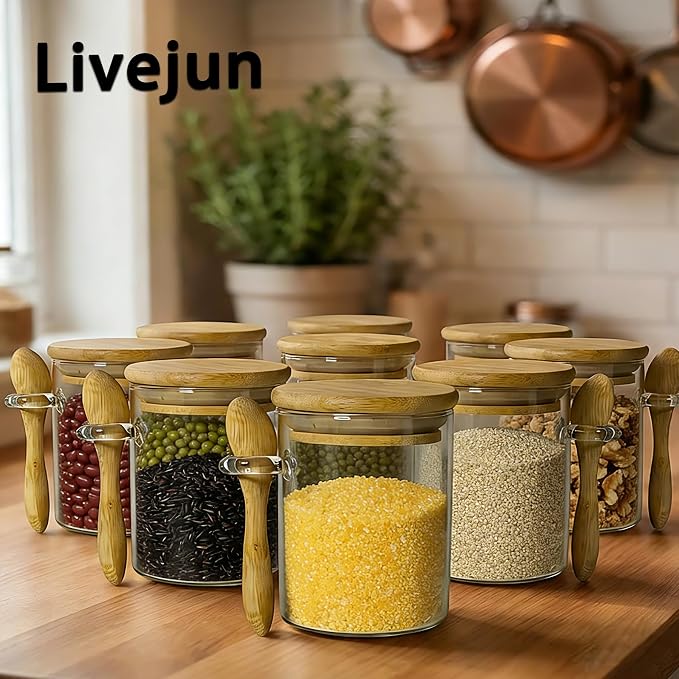 7.6 oz Airtight MiniGlass Jars Set of 8 with Bamboo Lids and Spoons | Spice Jars Small Food Storage Containers for Kitchen, Bathroom, Home Decor. One Can, One Bamboo Spoon, Reuse, Clean and Tidy
