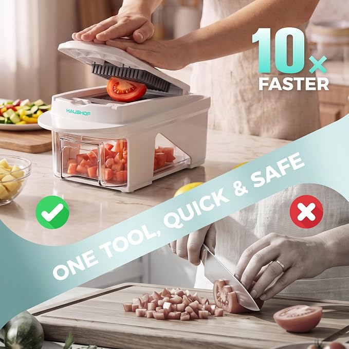 HAUSHOF All-in-1 Vegetable Chopper and Mandoline Slicer,13 Blades | Veggie Chopper and Spiralizer for Kitchen ,Dicer and Grater, Kitchen Prep Tool with Slide-Out Tray Container & Safety Holder