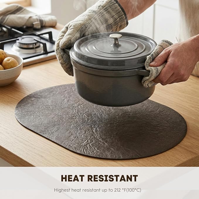 Artoid Mode Coffee Brown Faux Leather Oval Placemats Set of 6, 12 x 18 Inch Waterproof Wipeable Heat Resistant Vinyl Place Mats, Reversible Table Mats for Kitchen Dining Decor