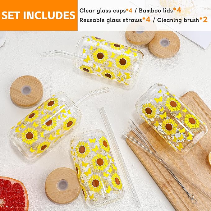 DWTS DANWEITESI Glass Cups with Lids and Straws with Design Sunflower 4 pcs,Clear Glass Cups 16 oz-Drinking Glasses Set,Glass Tumbler,Cute Design Glass Iced Coffee Cups with Lids and Straws 480ml