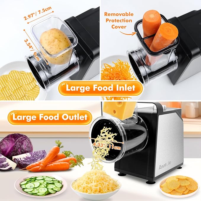 Anatole 7-In-1 Electric Cheese Grater Ice Shaver Vegetable Shredder 250W | Vegetable Fruit Shred & Slice & Grind, Stainless Steel, Large Inlet & Outlet, BPA-Free, for Block Cheese Cabbage Carrot 110V