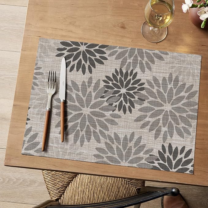 Artoid Mode Floral Vinyl Plastic Placemats Set of 4, 12x18 Inch Washable Non-Slip PVC Place Mats for Party Kitchen Dining Decor, Grey