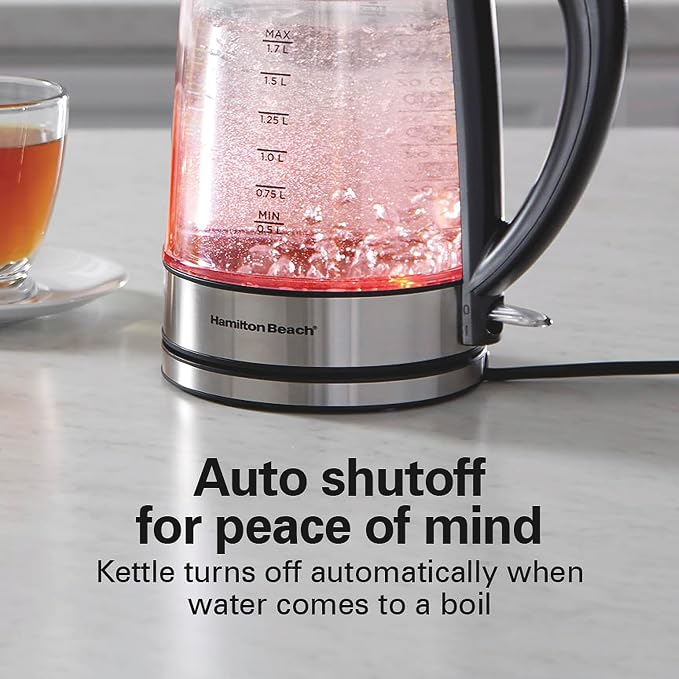 Hamilton Beach Double Wall 1.7L Electric Tea Kettle, Water Boiler & Heater | Fast Boiling 1500 Watts | BPA Free | Cordless Serving | Auto-Shutoff & Boil-Dry Protection | Color Change LED | Clear Glass