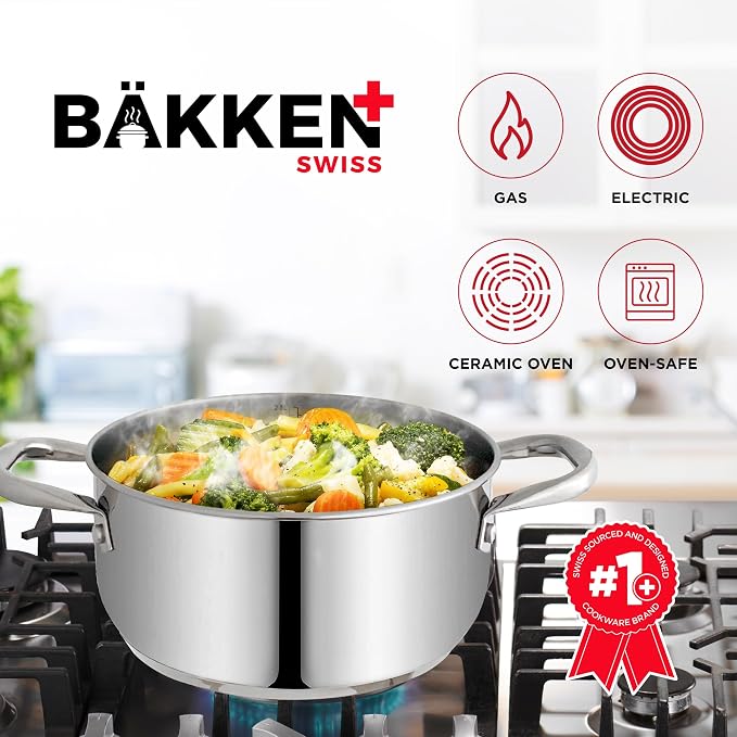 Stainless Steel Stockpot with Tempered Glass Lid 3 Quart,Durable 18/0 Stainless Steel,Impact-Bonded Base for Even Heating,Riveted Handles,Oven&All Stove Compatible,Safe Up To 500°F (260°C) (Pack of 2)