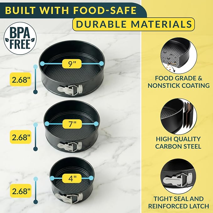 Springform Pan Set of 3, Nonstick Cheesecake Pans 4/7/9" Carbon Steel | Leakproof cake molds with removable bottom & secure latch; even-heat, oven-safe to 450°F