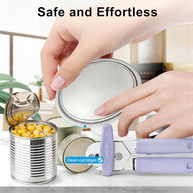 Tin Joy Family™ Manual Can Opener – Sharp Blade with No Sharp Edges, Easy Grip Handle for Arthritis Hands, Smooth Lid Safety Cutter for Elderly & Weak Hands (Grape purple)