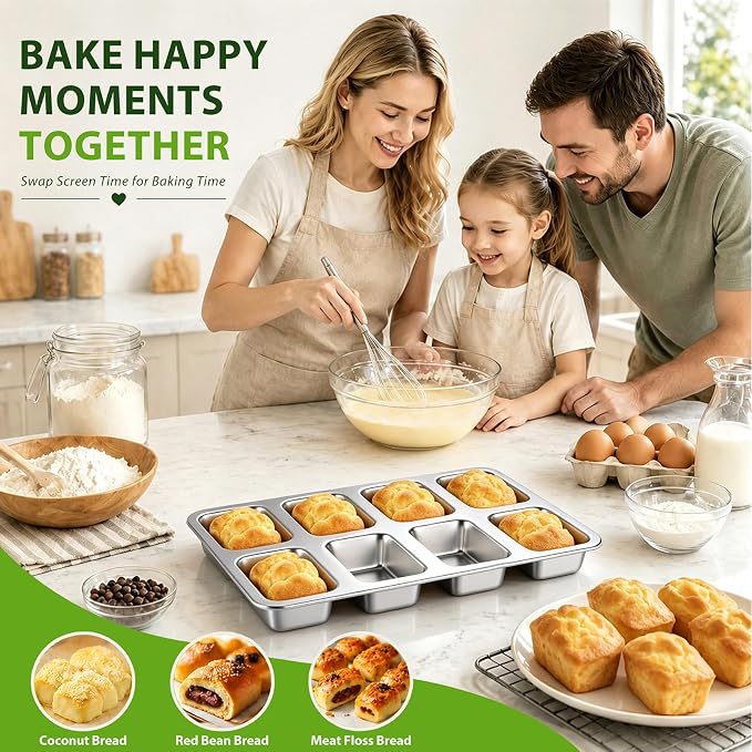 P&P CHEF 8 Cavities Mini Loaf Pans, Loaf Bread Pan for Baking Bread,2 Pcs | Mini Bread Pans Tins for Even Baking, Healthy & Non Toxic, Oven Safe & Dishwasher Safe , For Bread Meatloaf Cake Brownies