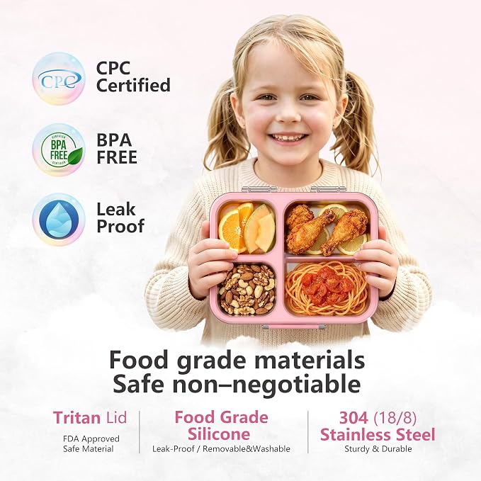 LOHASOK Stainless Steel Bento Lunch Box, 34oz/1000ml, Pink | 3-Compartment, Leak Proof, Lightweight, Clear Plastic Lid, for Kids Adults, BPA/BPS Free, Dishwasher Safe
