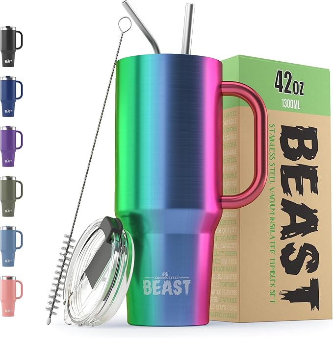 Beast 42 oz Tumbler with Handle Stainless Steel Vacuum Insulated Coffee Ice Cup Double Wall Travel Flask (Rainbow)