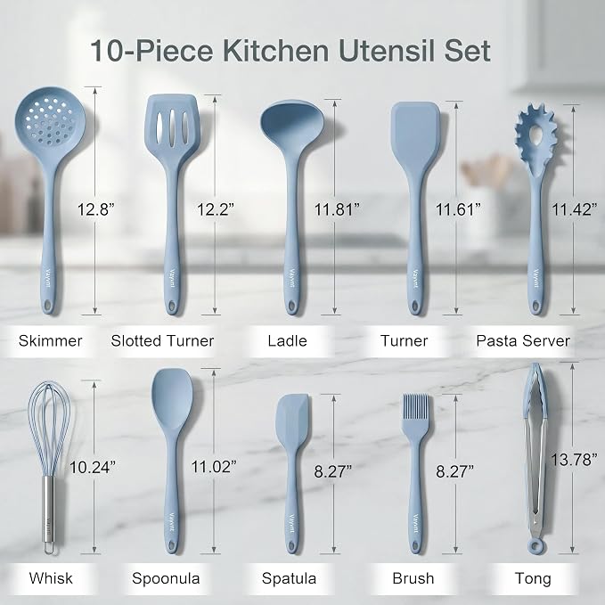 Vayvnt Silicone Cooking Utensil Set, 10PCS Utensils for Non Stick Pan, Blue | Heat Resistant 480℉, One-piece Design, Food Grade, Non Toxic Silicone Kitchen Utensils, Easy Cleaning, Dishwasher Safe