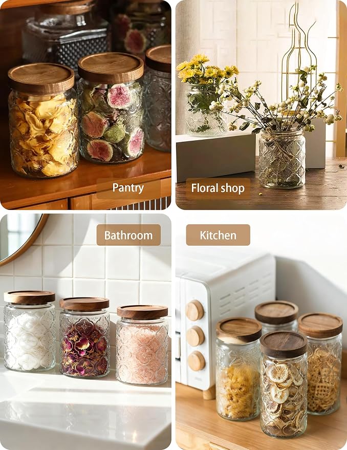 Vintage Glass Jar with Wood Lid - Christmas Airtight Canisters for Kitchen Countertop Bathroom, Storage Candy, Cookie, Coffee, Apothecary, Sugar, Flour,Pet Treat (Sunflower, 24oz/700ml)