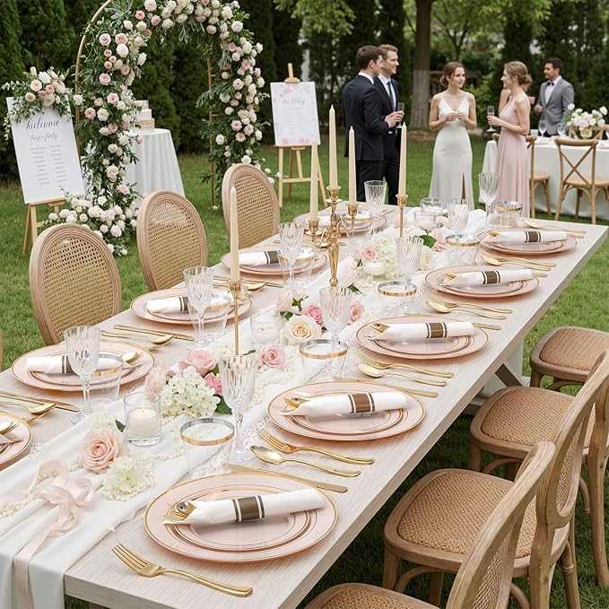 350PCS Pink Disposable Plates - Pink Plastic Plates 50Guests Plastic Dinnerware Sets with Rolled Napkins for Wedding/Birthday/Baby shower