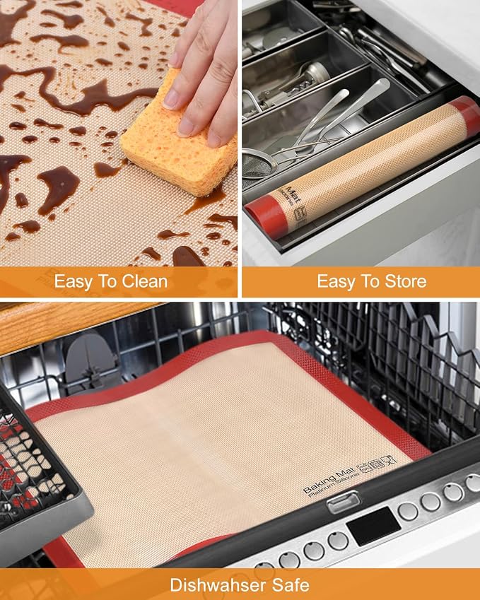 Silicone Baking Mat, Non-Stick Platinum Silicone Baking Sheet, 5 Pcs Red | Reusable, Food-Grade, Heat Resistant to 480℃, Dishwasher Safe, Half-sheets, quarter-sheets, and round mat Set, Versatility