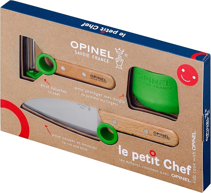 OPINEL Le Petit Chef Children Kitchen Set, Chef Knife, Guard, Peeler, Green
