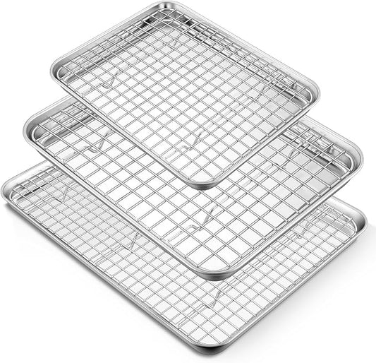 TeamFar Baking Sheet with Rack, Stainless Steel Sheet Pan-16/12.5/10.5 Inch | Cookie Sheets Baking Trays and Cooling Racks for Cooking, Non-Toxic & Heavy Duty, Dishwasher Safe, 6 PCS (3 Pans + 3 Racks)