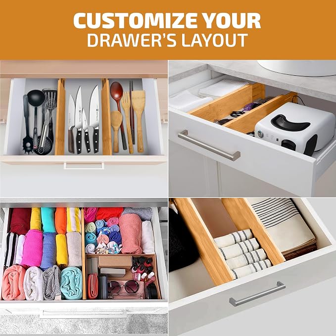 6-Pack Deep Drawer Dividers 4-Inch High Dresser Drawer Organizer, Bamboo | Adjustable 11.5-17 Inch Spring-Loaded Separators for Clothes, Utensils, Socks, Bedroom, Bathroom, Kitchen, Office, No Tools