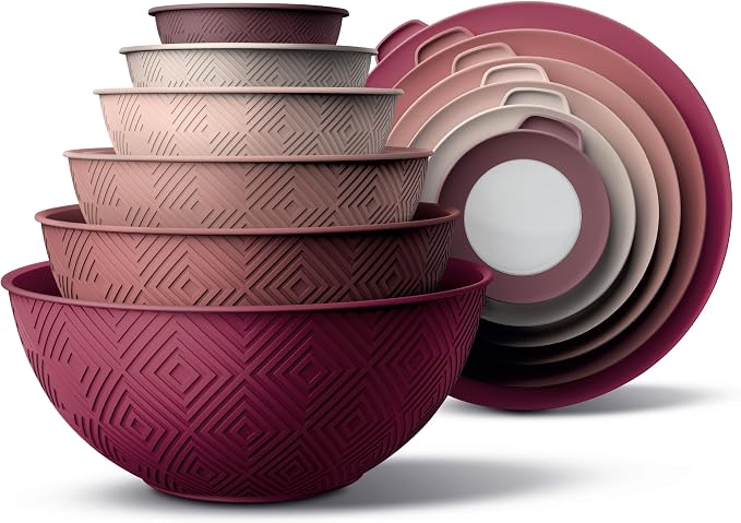 COOK WITH COLOR Mixing Bowls with Lids - 12 Piece Plastic Nesting Bowls Set includes 6 Prep Bowls and 6 Lids, Microwave Safe Mixing Bowl Set, Rose Rhombus