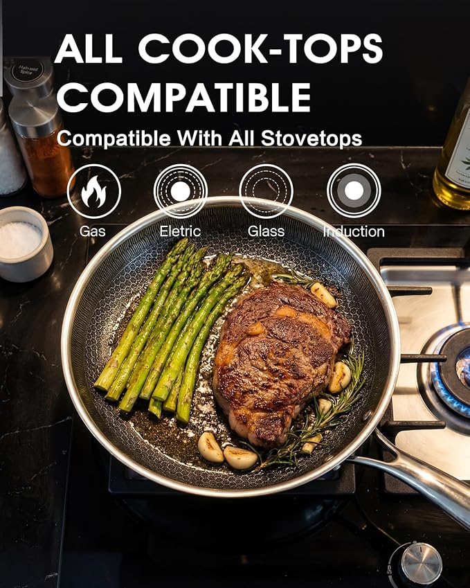 Stainless Steel Non Stick Frying Pan with Lid - PFOA Free | Induction Compatible | Oven & Dishwasher Safe | Stay Cool Handle | Versatile for All Stovetops | Gift