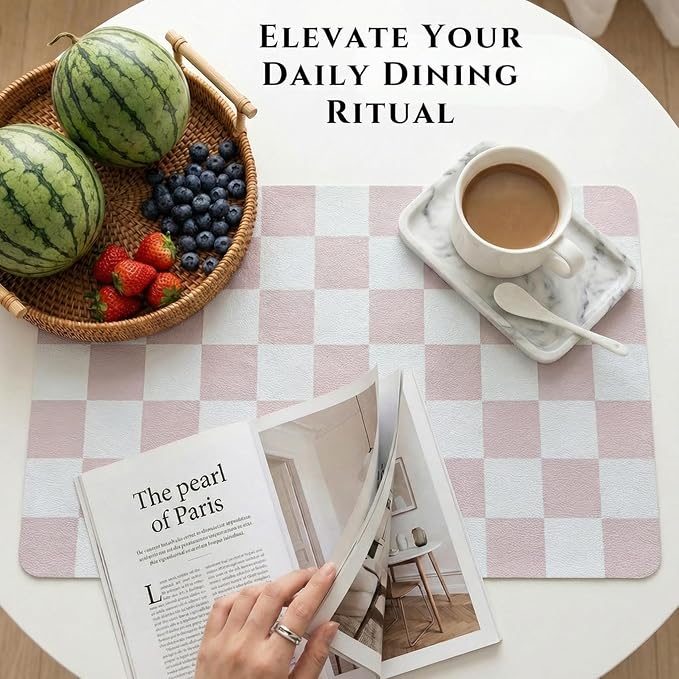 Set of 6 Checkerboard Non-Slip Washable Placemats for Dining Table | Waterproof & Heat-Resistant Faux Leather Mats | Easy Wipe Clean Tablemats for Indoor Dining, 17’’×12’’, Pink