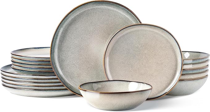 GBHOME Stoneware Dinnerware Sets for 4,12 Piece Rustic Plates and Bowls Set | Earthenware Handmade Reactive Glaze Plate Sets, Chip Resistant Ceramic Dishes, Microwave & Dishwasher Safe, Wheat Green