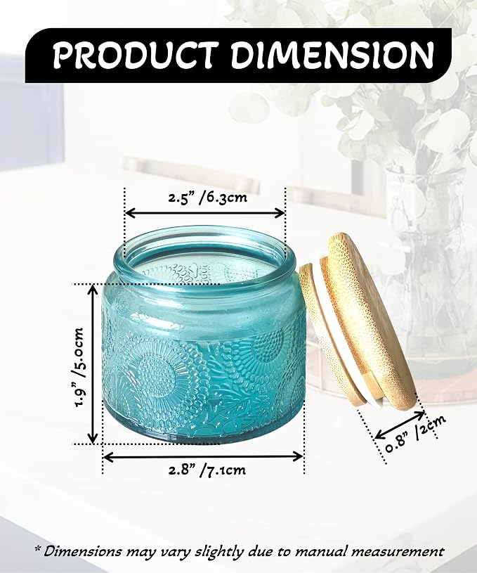 4 oz Decorative Small Glass Jars with Airtight Bamboo Lids, Blue 12 Pack | Vintage embossed color coated containers, kitchen pantry bathroom organization & decor, spices, DIY gifts, candle making