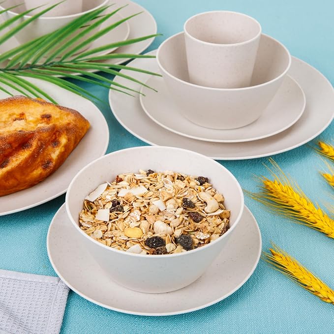 32Pcs Reusable Cream Wheat Straw Dinnerware Plates and Bowls Sets | Unbreakable dishes set for 8 includes plates, bowls, cups, and napkins. Dishwasher safe for daily or outdoor use.