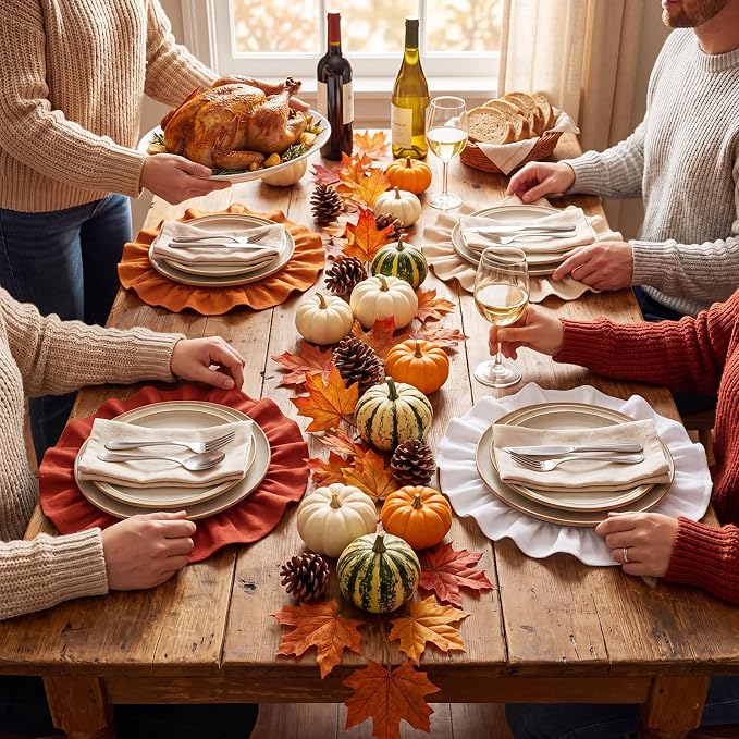 Set of 6 Fall Placemats Orange Round Ruffled Table Placemats 15 Inch Fabric Vintage Farmhouse Boho Rustic Circle Mat for Fall Thanksgiving Harvest Halloween Party Supplies Table Decorations