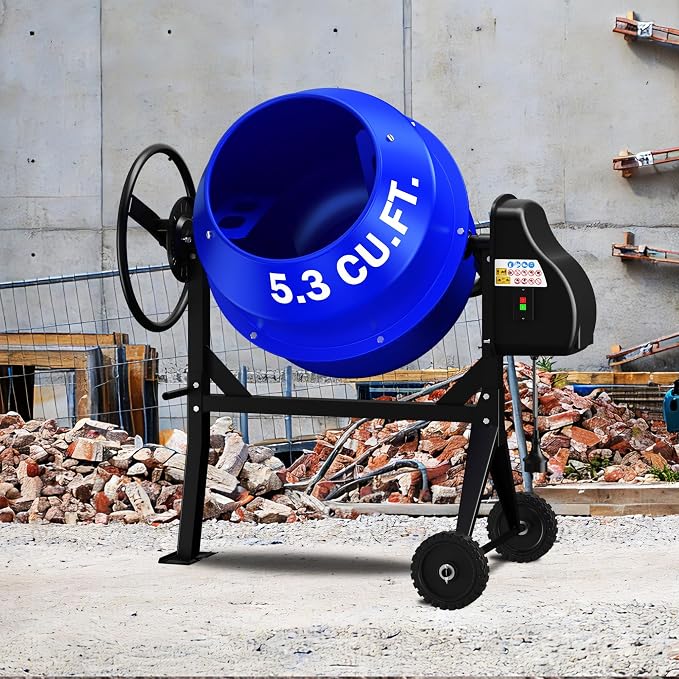 5.3 Cu.Ft. 1HP Electric Cement Mixer, 750W Portable Concrete Mixer Machine with Stand & Wheels, for Stucco, Mortar, Seeds - 2026 Upgraded (Blue)