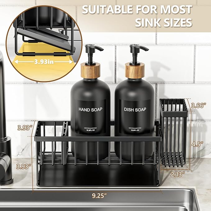 Cisily Kitchen Dish Soap Dispenser Set with 2 Pack 16.9oz Amber Glass Bottle and Sponge Holder, Dish Soap Dispensers with Adjustable Sponge Holder, Vintage Hand and Dish Soap Dispensers Set