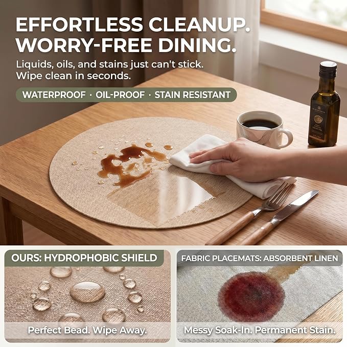 Faux Leather Placemats Set of 4, Wipeable Waterproof Stain Resistant Table Mats, Heat Resistant Thick Placemats with Hand-Painted Edges for Kitchen Dining, Imitative Linen Texture, Various Shapes