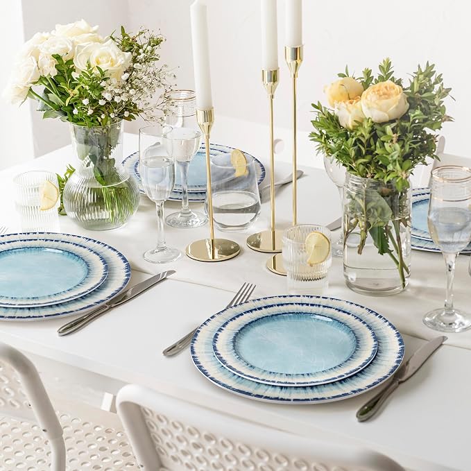 Melamine Dessert Plates Set of 6, 8.5 inch Small Dinner Plates for Indoor and Outdoor Use, Dishwasher Safe, Lightweight Unbreakable, BPA Free, Light Blue