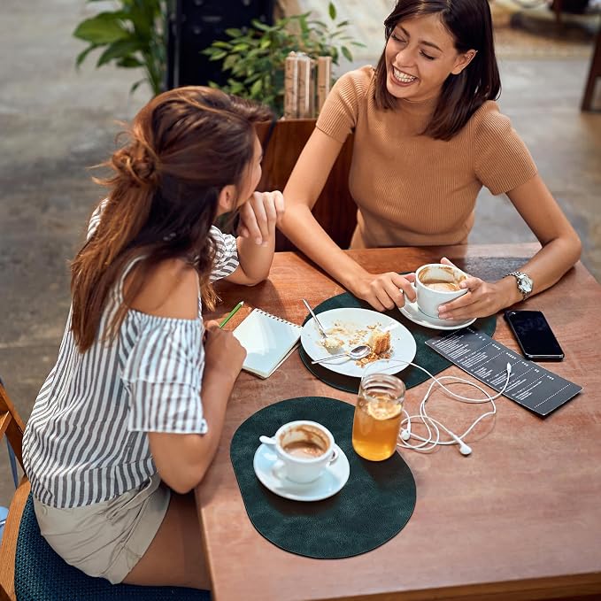 ADRIMER Placemats, Heat Resistant Oval Placemats Set of 6 Washable 12 x 17 Inch, Waterproof Table Mats, Wipeable Pu Place Mats for Kitchen, Dining Room, Dark Blue