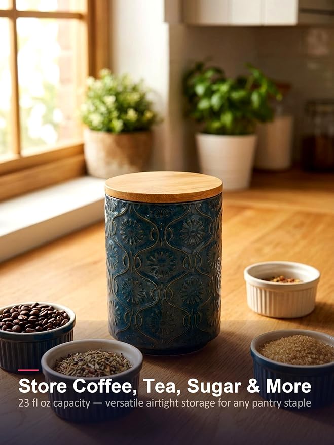 TEATALK Embossed Ceramic Canister, Stylish Airtight Storage for Kitchen, Coffee, Tea, Sugar, 23 Fl Oz, Darkblue