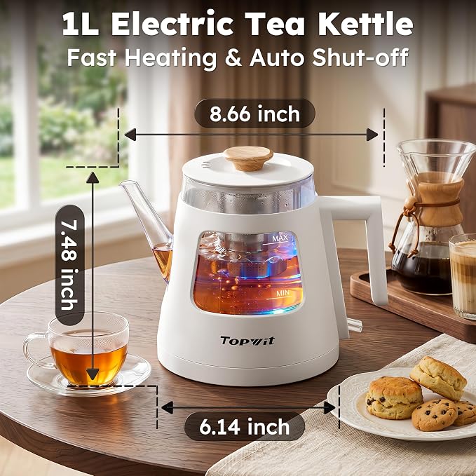 TOPWIT 1L Gooseneck Electric Tea Kettle, Glass Electric Kettle, BPA-free | Removable Stainless Steel Tea Infuser, Visible Window, Auto-Shut Off, Ideal For Pour-Over Coffee, Home & Office, White