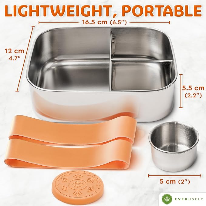 Stainless Steel Bento Box + Condiment Container - Orange, 27oz / 0.8 L | Everusely metal lunch box, leakproof sauce container, 3 compartment snack organizer for travel, freezer & dishwasher safe