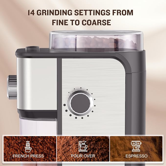 AYCHIRO Flat Burr Coffee Grinder Electric, Coffee Grinder with 14 Grinding Levels,Burr Mill Grinder with 2-12 Cups for Espresso, Drip Coffee and French Press,Stainless Steel