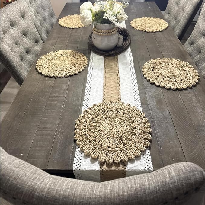 15" Corn Husk Woven Round Placemats Set of 6 - Wicker Boho Farmhouse Placemats - Rattan Table Mats Like Water Hyacinth for Dining Table, Wedding, Home
