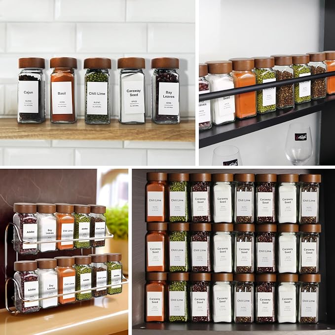 30 Pack 4 oz Glass Spice Jars with Shaker Lids& Labels Glass Bottles | Square Empty Mason Acacia Wood White Labels Kitchen Cabinet Drawer Organizer Seasoning Containers Collapsible Funnel Brush
