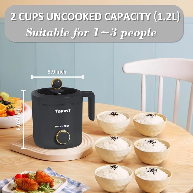 TOPWIT Rice Cooker Small 2-Cup Uncooked, Mini Rice Cooker, Removable Pot | 1.2L, Nonstick Pot, BPA-free, One-touch Operation, Auto Keep Warm, Ideal for Dorm, Office & Travel, Compact & Portable, Grey