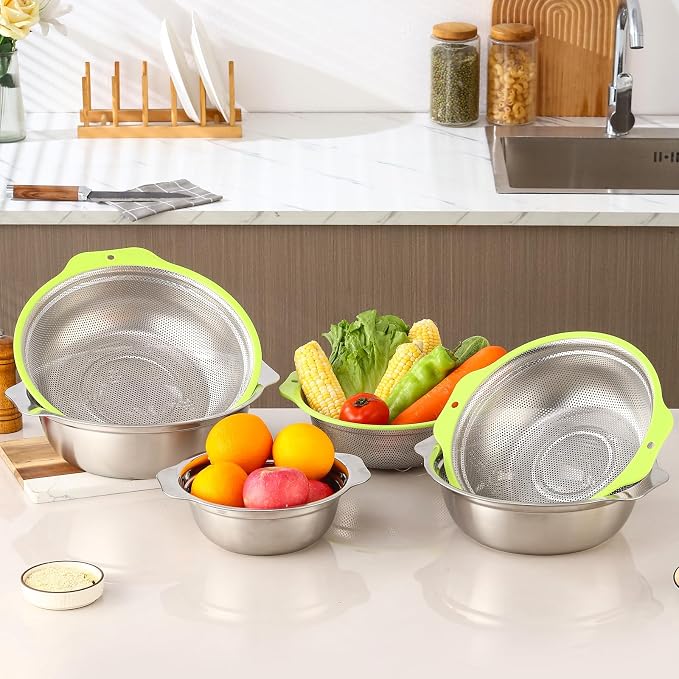 Colander Stainless Steel Microporous, 2QT Rice Strainer with Mixing Bowl, Rice Washer Bowl Set with Handle, Food-Grade Strainers and Colanders for Kitchen, Pasta, Fruit, Dishwasher Safe