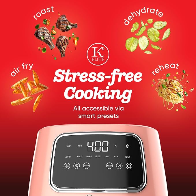Kitchen Elite Countertop Digital Air Fryer with LED Screen, Peach, 5.5 Qt