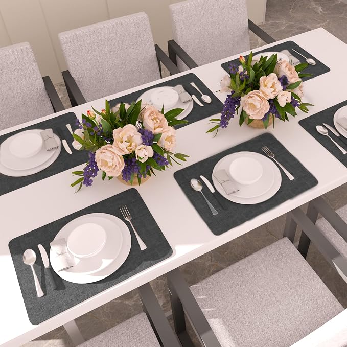 Maxpearl Faux Leather Placemats Set of 8, Easy to Clean, Dark Grey | Waterproof - Heat Resistant - Non Slip - Wipe Clean Dining Table Place Mats, Suitable for Indoor & Outdoor Use, 17''×12''