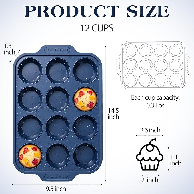 Silicone Muffin Pans for Baking with Metal Reinforced Frame | Nonstick 12-Cup Regular Size Cupcake Tray for Egg Bites, Muffins & Cupcakes, Dishwasher Safe, Titan Blue, Set of 2