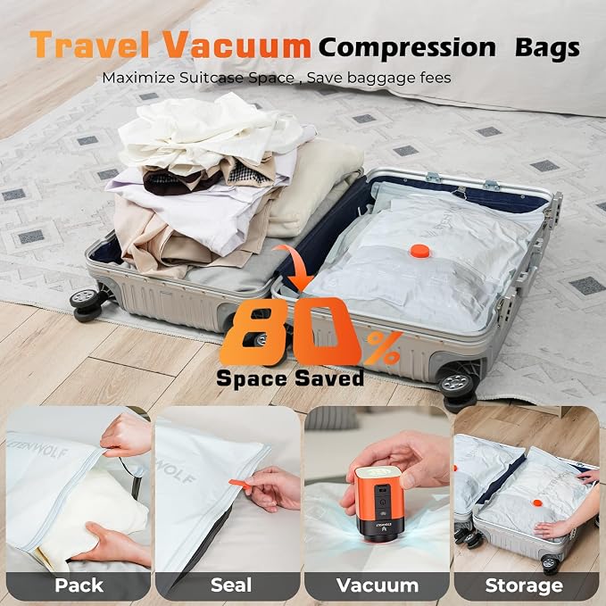 TENWOLF 10 Combo Vacuum Storage Bags for Travel with Wireless Pump | Vacuum Seal Bags for Clothing Travel, Compression Packing Bags for Clothes and Blankets, Space Saver Bags in Carry-On Sizes