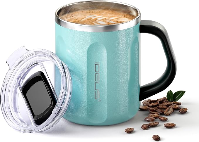 Ideus 16 oz Insulated Coffee Mug with Handle and Lid, Double Wall Stainless Steel Vacuum Thermal Coffee Mug, Travel Coffee Cup Thermal Cup for Home and Office, Sky Blue-FUJI FLOW