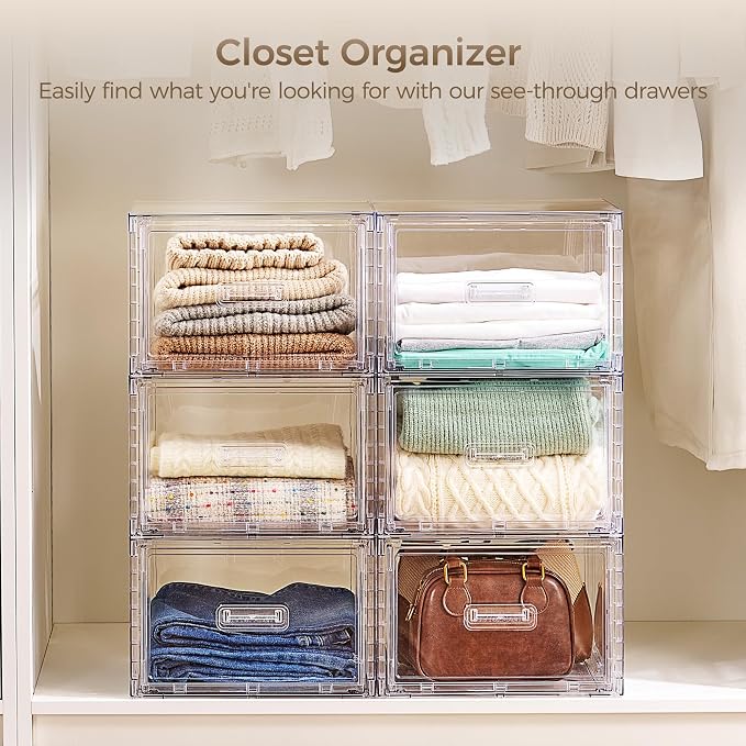 Vtopmart 2 Pack Clear Stackable Storage Drawers 15QT | Easily Assemble Closet Organizers,Plastic Storage Bins for Bathroom,Cabinet,Kitchen Pantry,Under Sink Organization(Medium)