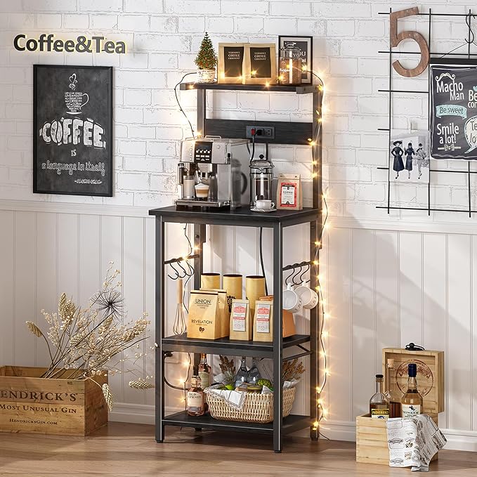 SUPERJARE 4 Tier Bakers Rack with Power Outlets, Microwave Stand with Adjustable Shelf, Kitchen Shelf Organizer for Small Space, Coffee Bar with 6 S Hooks, Kitchen Storage Rack, Black